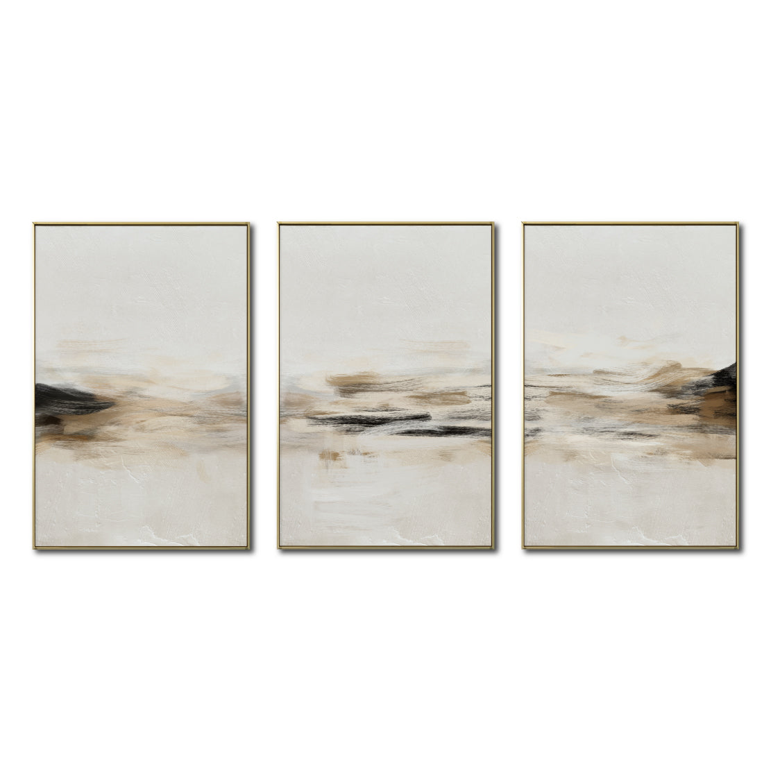 Set Cuadros Decorativos Abstracto Negro Arena 2-261 - Triptico Moderno y Minimalista Arte Estilo Nordico en Tonos Beige y Negro