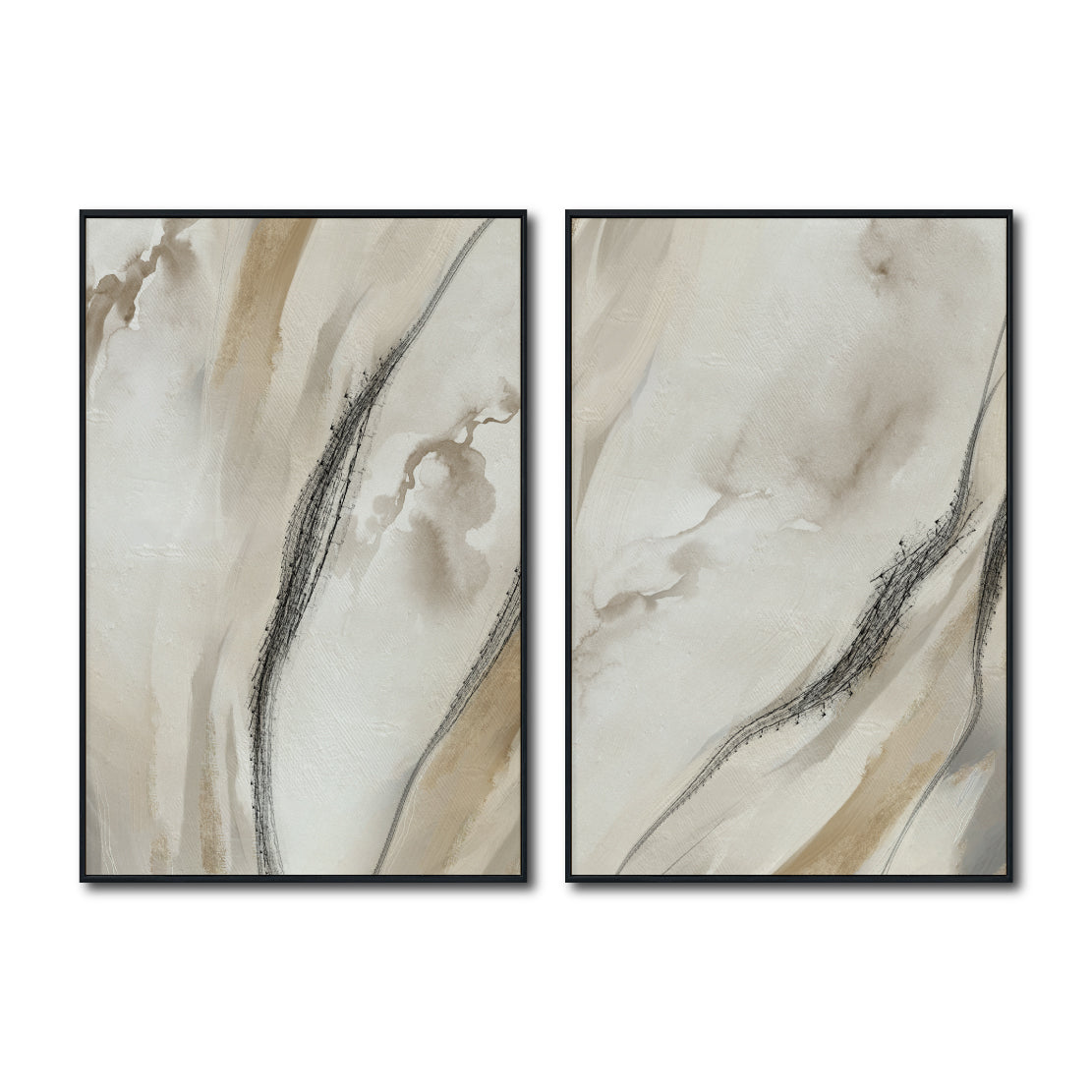 Set Cuadros Decorativos Abstracto Negro Arena 2 - 263- Diptico Moderno y Elegante Arte Minimalista Estilo Nordico en Tonos Neutros
