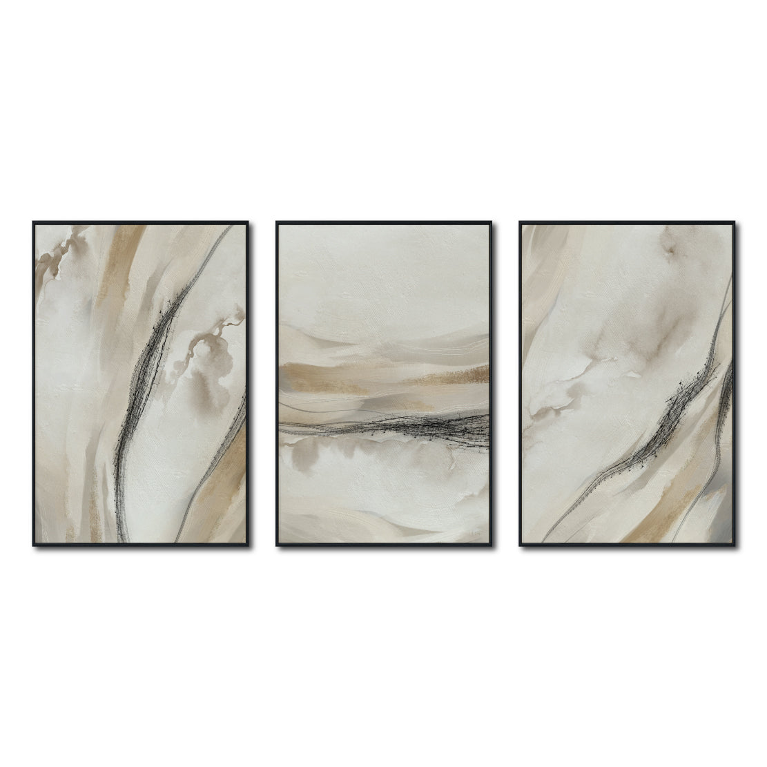 Set Cuadros Decorativos Abstracto Negro Arena 2 - 263 - Triptico Moderno y Elegante Arte Minimalista Estilo Nordico en Tonos Neutros