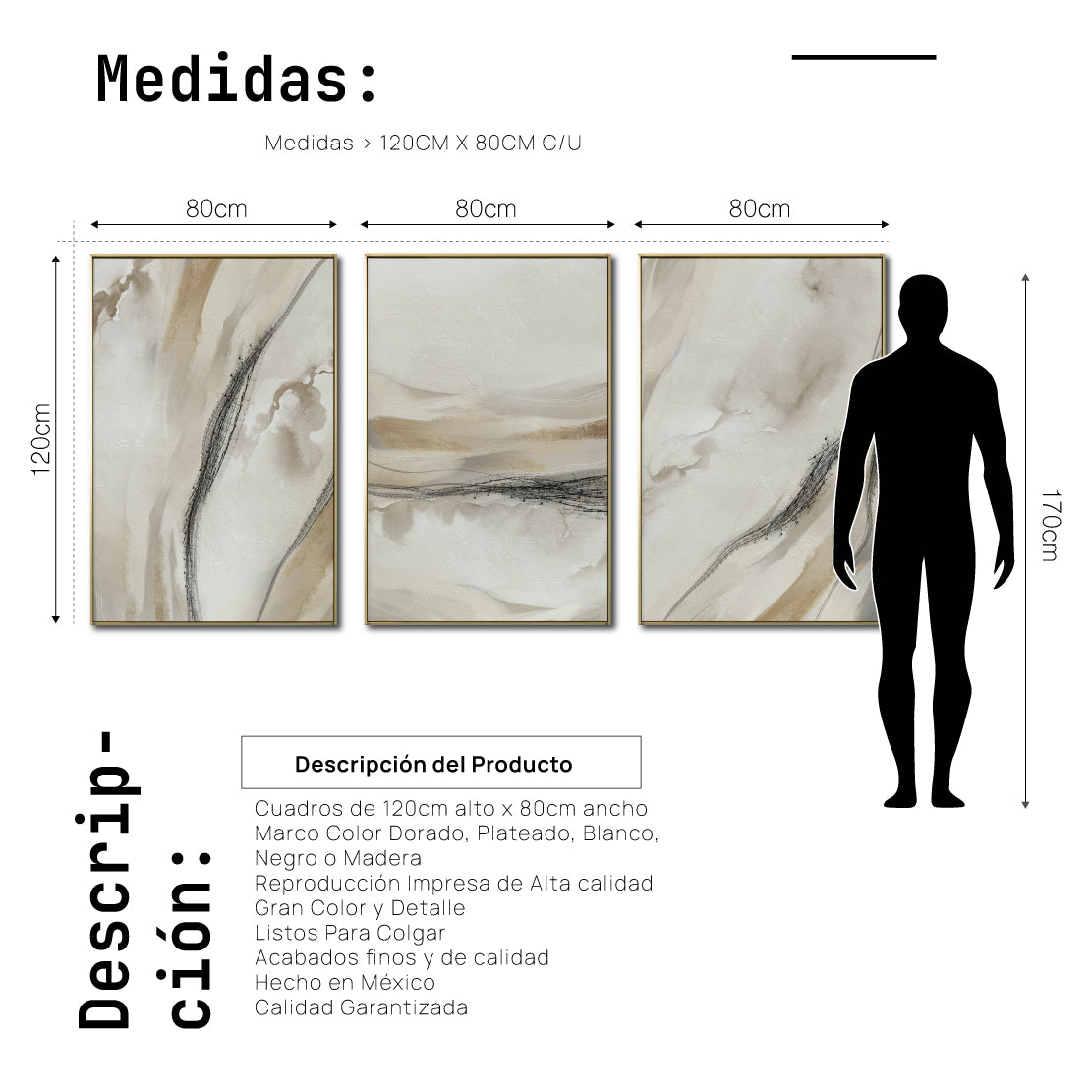 Set Cuadros Decorativos Abstracto Negro Arena 2 - 263 - Triptico Moderno y Elegante Arte Minimalista Estilo Nordico en Tonos Neutros