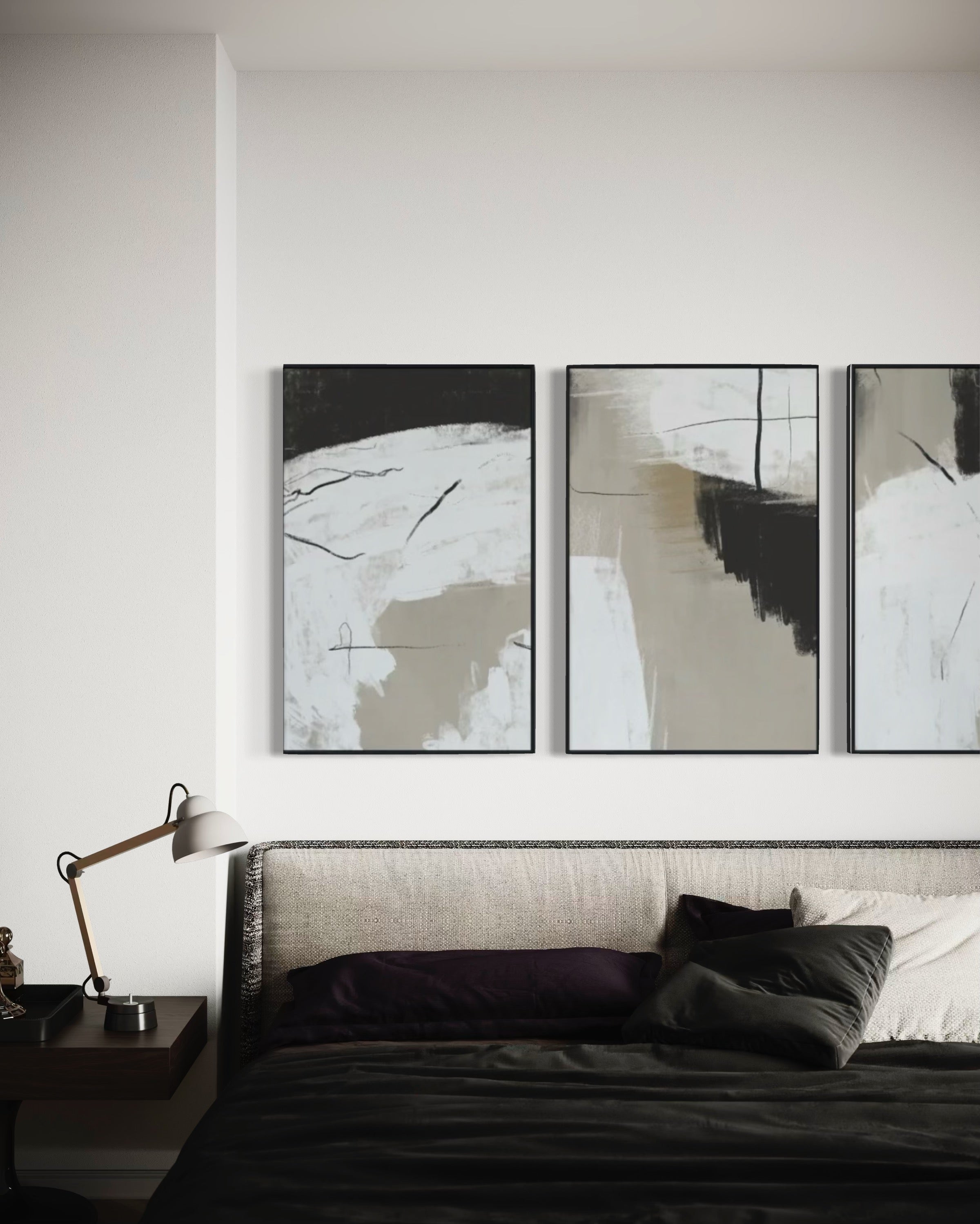 Set Cuadros Decorativos Abstracto Negro Arena 2 - 243 - Triptico Moderno y Elegante Estilo Nordico Boho Tonos Neutros