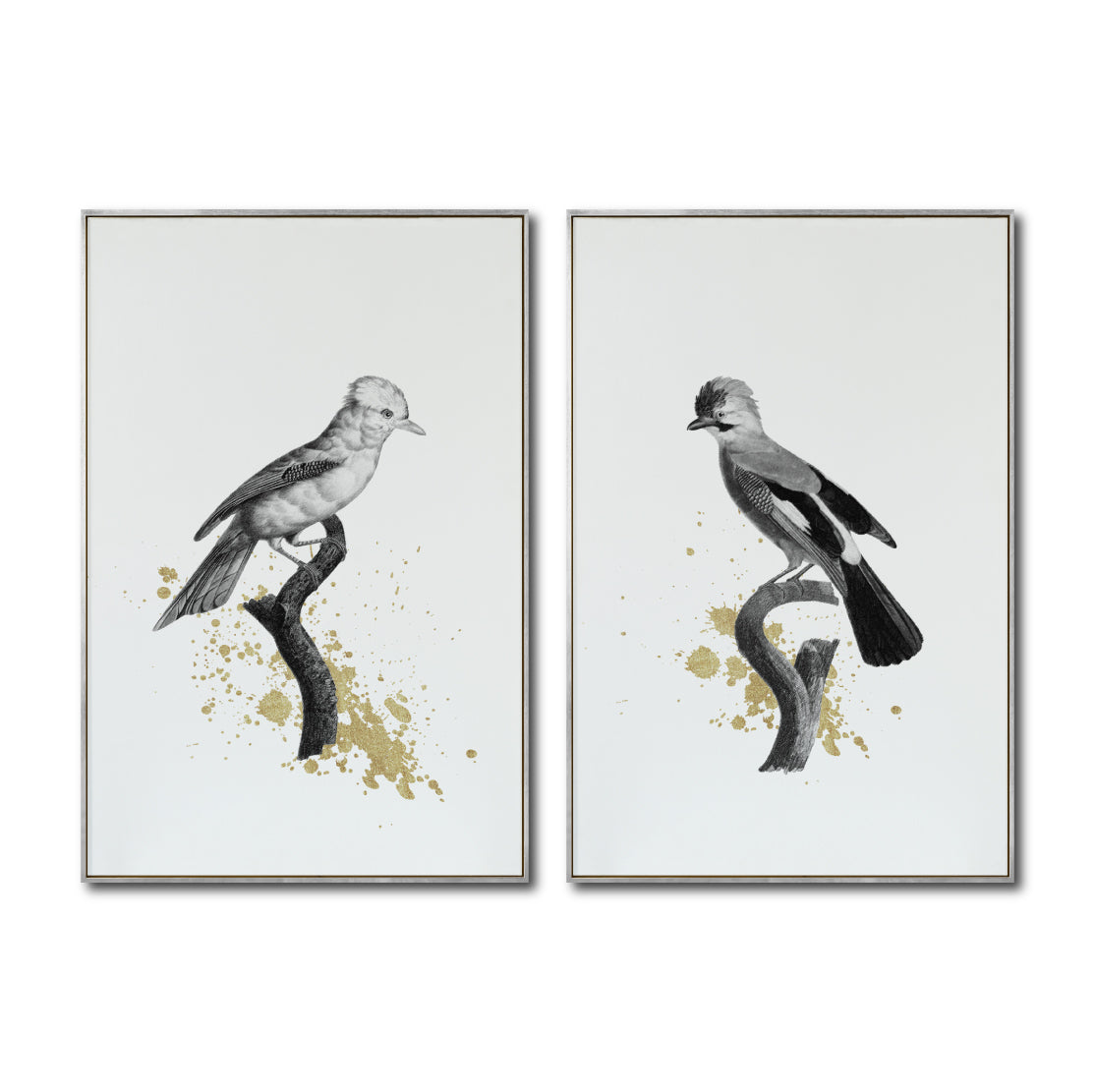 Set Cuadros Decorativos Abstracto Negro Arena 2 - 264 - Diptico Boceto de Pájaros Arte de Aves En Blanco, Negro y Dorado Oro