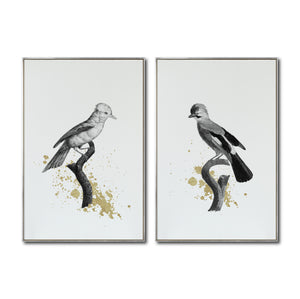 Set Cuadros Decorativos Abstracto Negro Arena 2 - 264 - Diptico Boceto de Pájaros Arte de Aves En Blanco, Negro y Dorado Oro