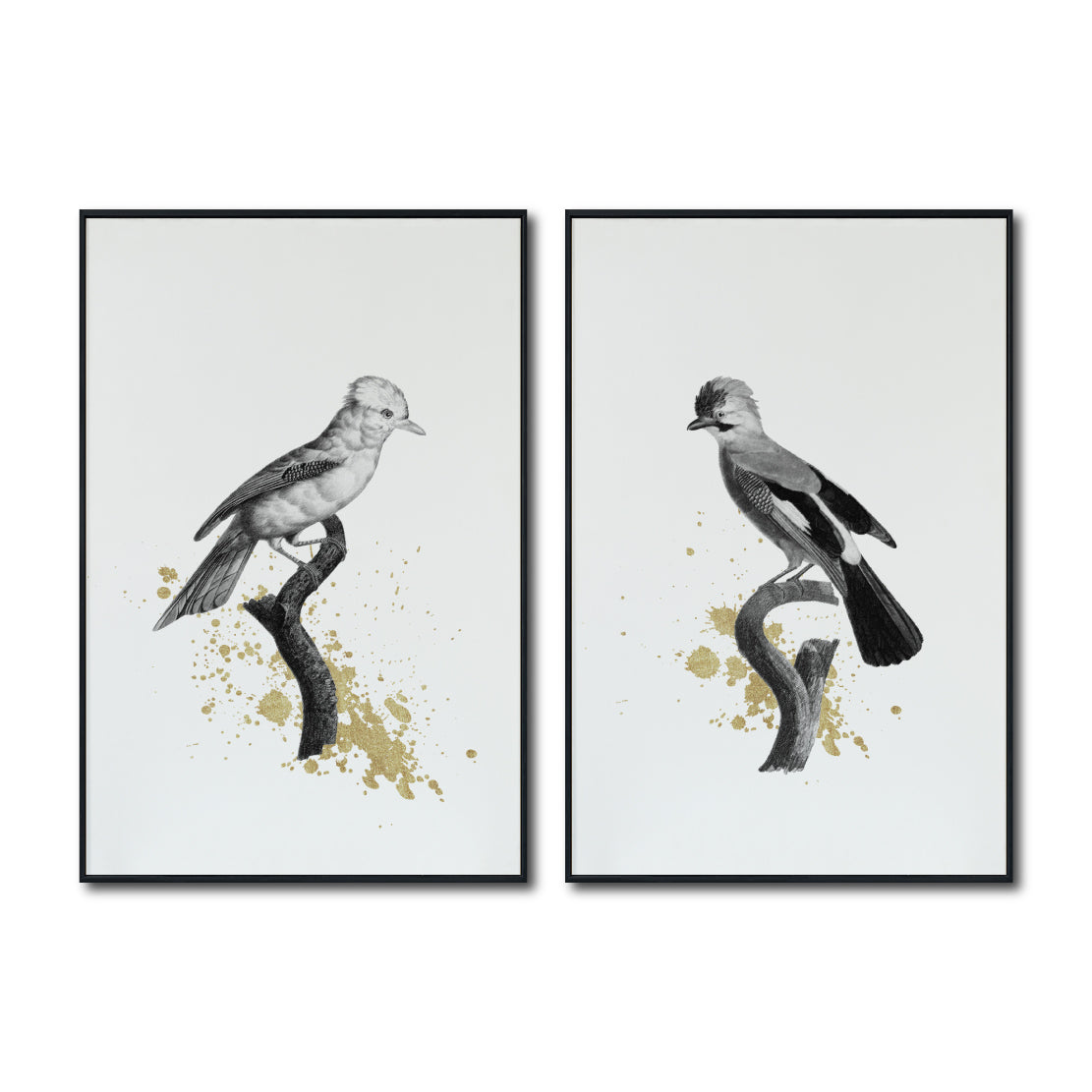 Set Cuadros Decorativos Abstracto Negro Arena 2 - 264 - Diptico Boceto de Pájaros Arte de Aves En Blanco, Negro y Dorado Oro