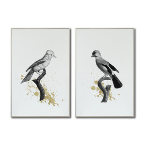 Set Cuadros Decorativos Abstracto Negro Arena 2 - 264 - Diptico Boceto de Pájaros Arte de Aves En Blanco, Negro y Dorado Oro