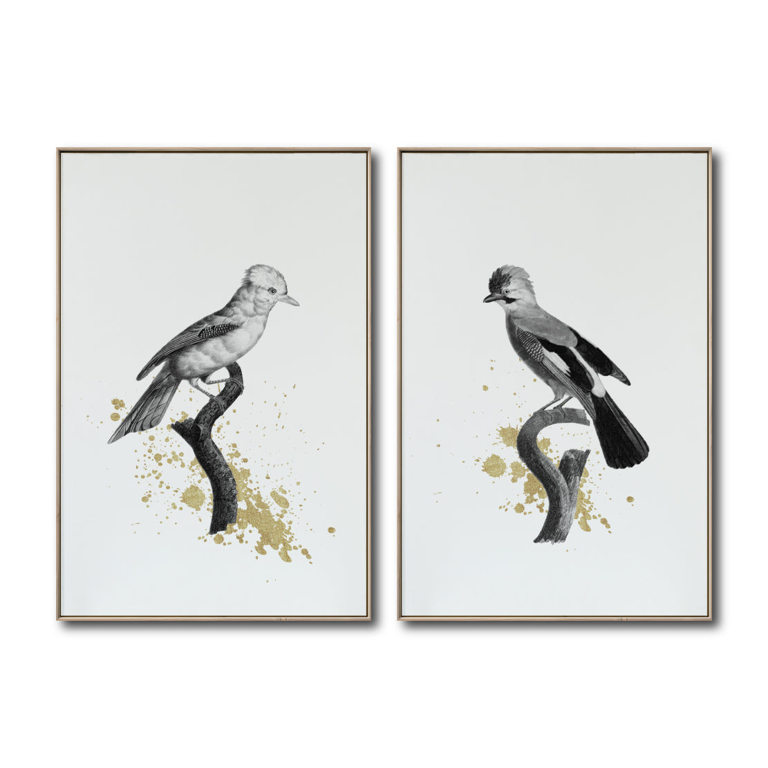 Set Cuadros Decorativos Abstracto Negro Arena 2 - 264 - Diptico Boceto de Pájaros Arte de Aves En Blanco, Negro y Dorado Oro