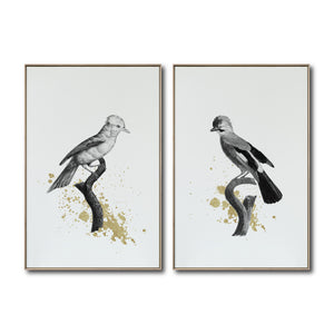 Set Cuadros Decorativos Abstracto Negro Arena 2 - 264 - Diptico Boceto de Pájaros Arte de Aves En Blanco, Negro y Dorado Oro