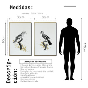 Set Cuadros Decorativos Abstracto Negro Arena 2 - 264 - Diptico Boceto de Pájaros Arte de Aves En Blanco, Negro y Dorado Oro