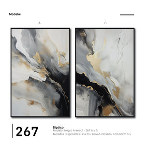 Set Cuadros Decorativos Abstracto Negro Arena 2-267 - Diptico Moderno y Elegante Arte Minimalista Estilo Nordico En Blanco, Negro ,Gris y Dorado Oro