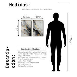 Set Cuadros Decorativos Abstracto Negro Arena 2-267 - Diptico Moderno y Elegante Arte Minimalista Estilo Nordico En Blanco, Negro ,Gris y Dorado Oro