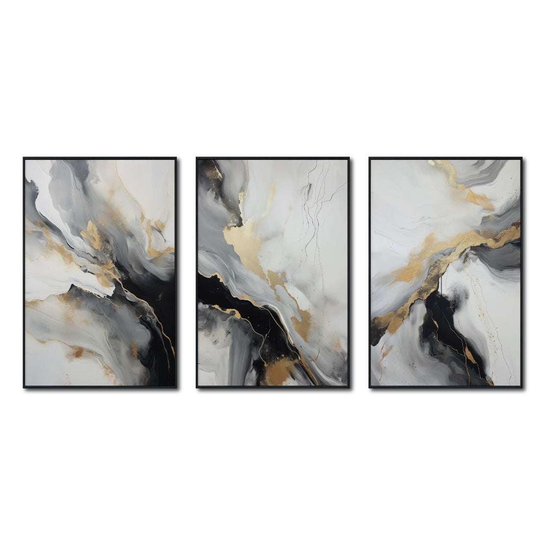 Set Cuadros Decorativos Abstracto Negro Arena 2-267 - Triptico Moderno y Elegante  Estilo Nordico En Blanco, Negro ,Gris y Dorado Oro