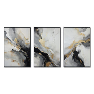 Set Cuadros Decorativos Abstracto Negro Arena 2-267 - Triptico Moderno y Elegante  Estilo Nordico En Blanco, Negro ,Gris y Dorado Oro