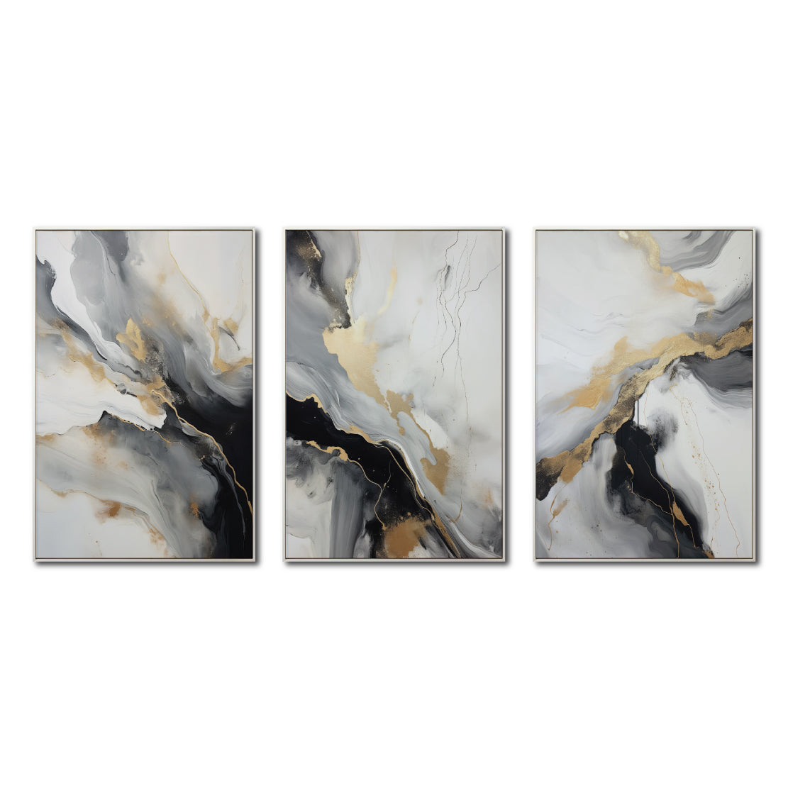 Set Cuadros Decorativos Abstracto Negro Arena 2-267 - Triptico Moderno y Elegante  Estilo Nordico En Blanco, Negro ,Gris y Dorado Oro