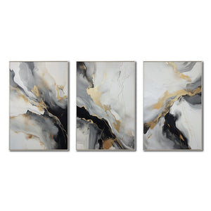 Set Cuadros Decorativos Abstracto Negro Arena 2-267 - Triptico Moderno y Elegante  Estilo Nordico En Blanco, Negro ,Gris y Dorado Oro
