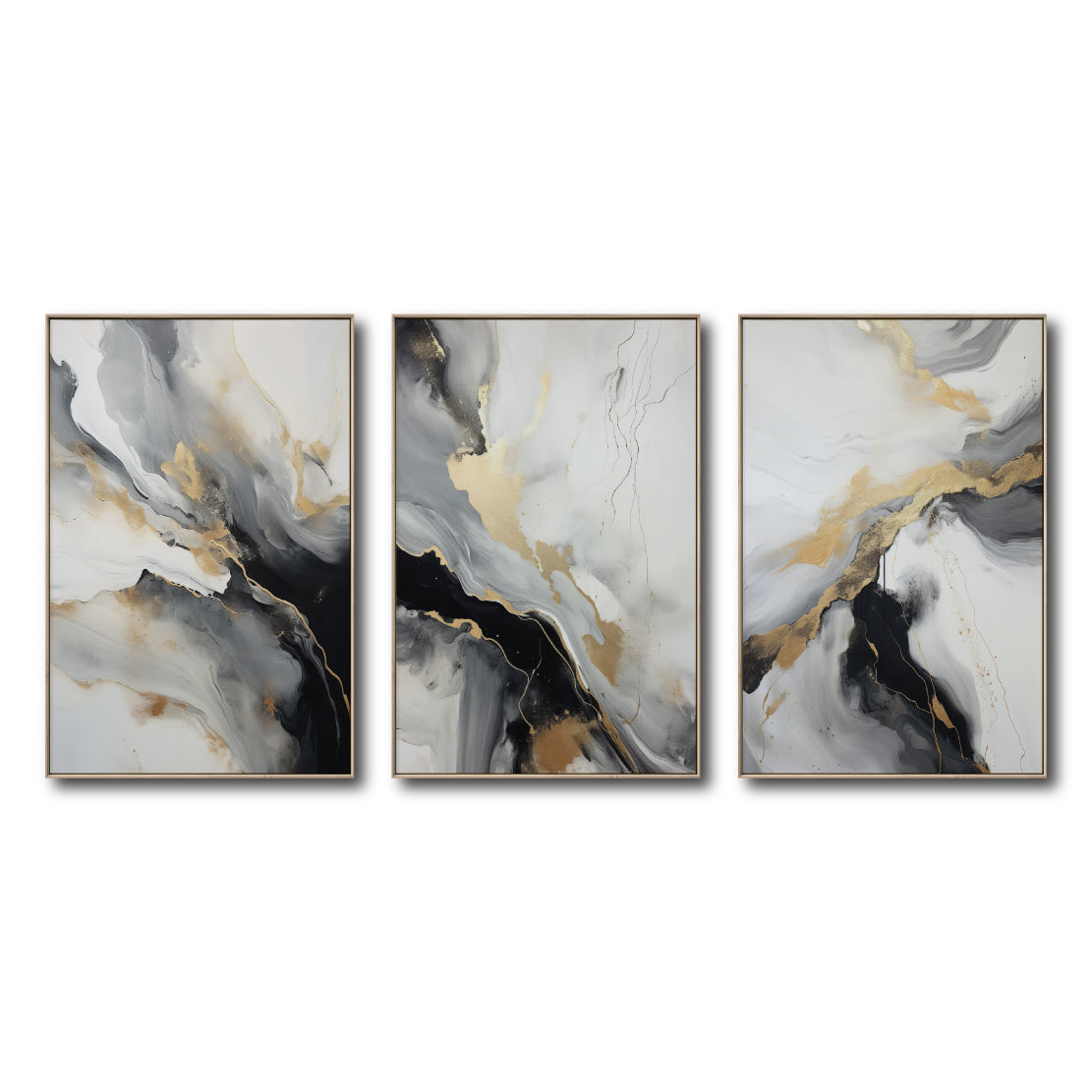 Set Cuadros Decorativos Abstracto Negro Arena 2-267 - Triptico Moderno y Elegante  Estilo Nordico En Blanco, Negro ,Gris y Dorado Oro