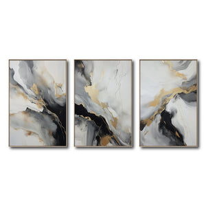 Set Cuadros Decorativos Abstracto Negro Arena 2-267 - Triptico Moderno y Elegante  Estilo Nordico En Blanco, Negro ,Gris y Dorado Oro