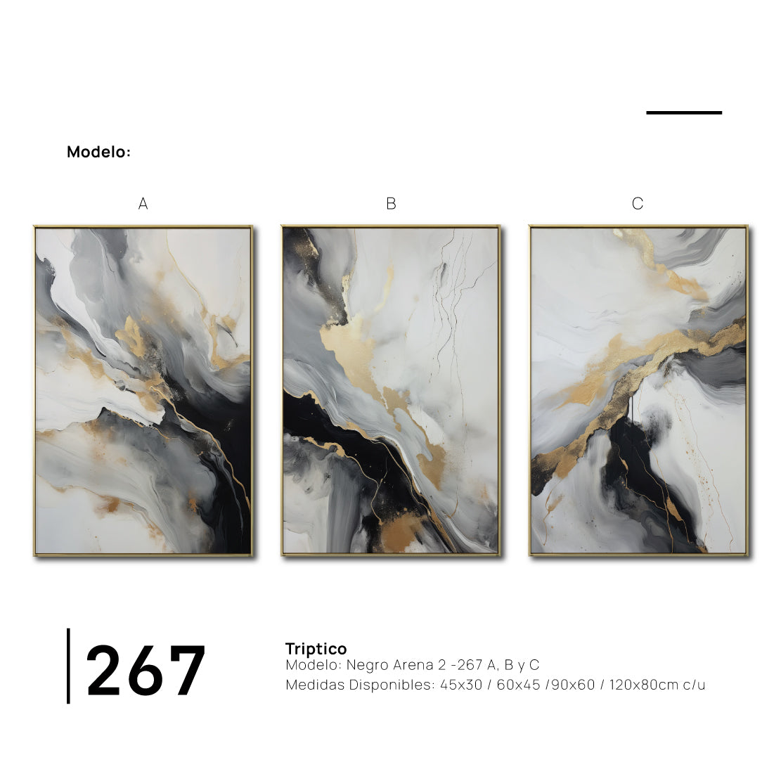 Set Cuadros Decorativos Abstracto Negro Arena 2-267 - Triptico Moderno y Elegante  Estilo Nordico En Blanco, Negro ,Gris y Dorado Oro
