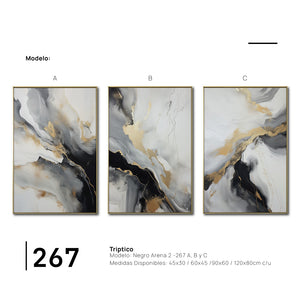 Set Cuadros Decorativos Abstracto Negro Arena 2-267 - Triptico Moderno y Elegante  Estilo Nordico En Blanco, Negro ,Gris y Dorado Oro