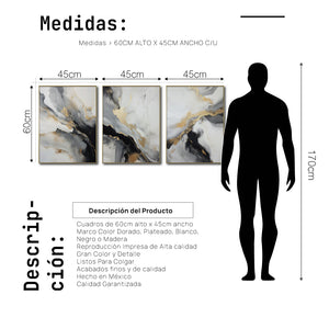 Set Cuadros Decorativos Abstracto Negro Arena 2-267 - Triptico Moderno y Elegante  Estilo Nordico En Blanco, Negro ,Gris y Dorado Oro