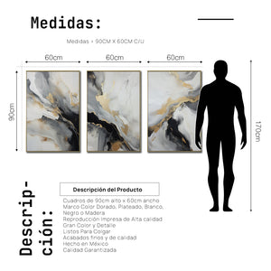 Set Cuadros Decorativos Abstracto Negro Arena 2-267 - Triptico Moderno y Elegante  Estilo Nordico En Blanco, Negro ,Gris y Dorado Oro