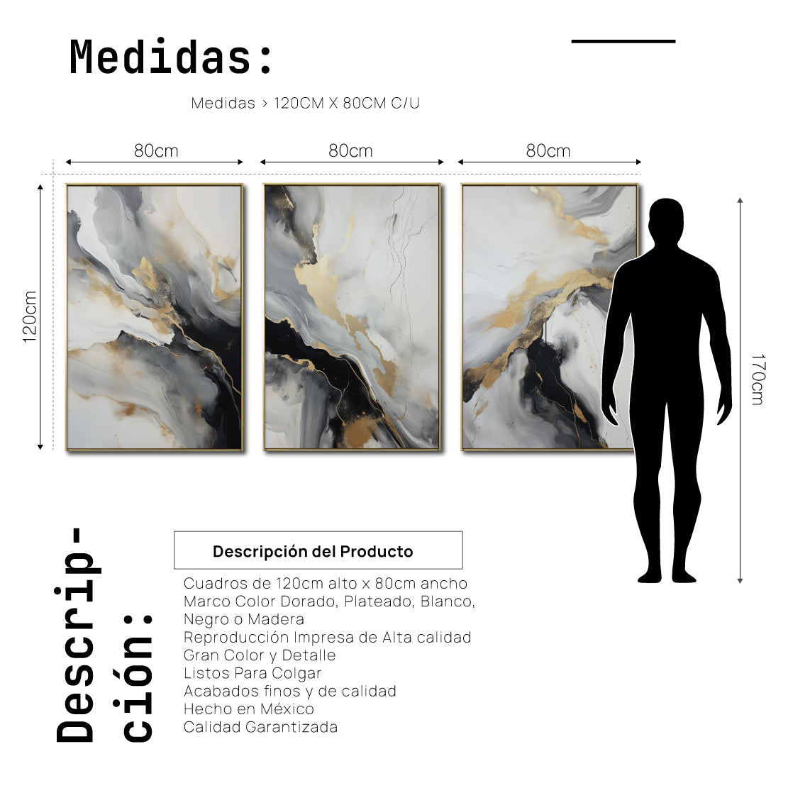 Set Cuadros Decorativos Abstracto Negro Arena 2-267 - Triptico Moderno y Elegante  Estilo Nordico En Blanco, Negro ,Gris y Dorado Oro