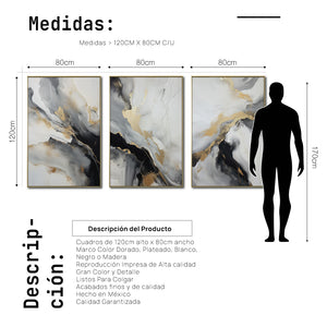 Set Cuadros Decorativos Abstracto Negro Arena 2-267 - Triptico Moderno y Elegante  Estilo Nordico En Blanco, Negro ,Gris y Dorado Oro