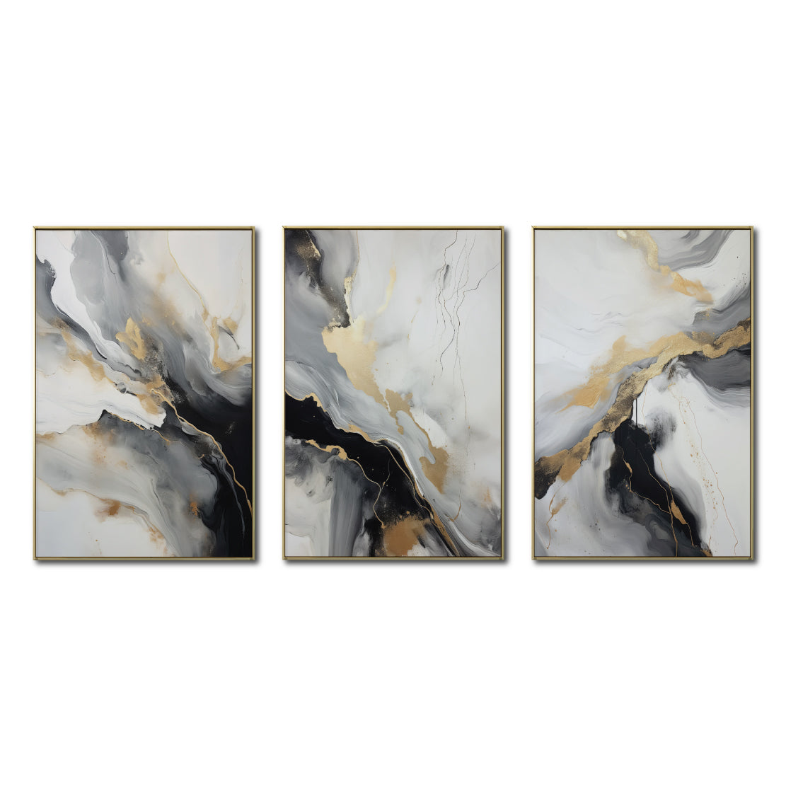Set Cuadros Decorativos Abstracto Negro Arena 2-267 - Triptico Moderno y Elegante  Estilo Nordico En Blanco, Negro ,Gris y Dorado Oro