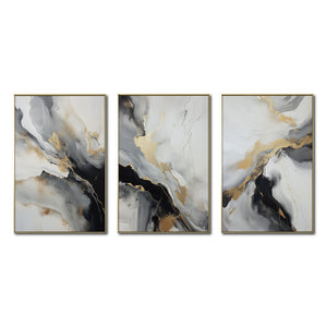 Set Cuadros Decorativos Abstracto Negro Arena 2-267 - Triptico Moderno y Elegante  Estilo Nordico En Blanco, Negro ,Gris y Dorado Oro