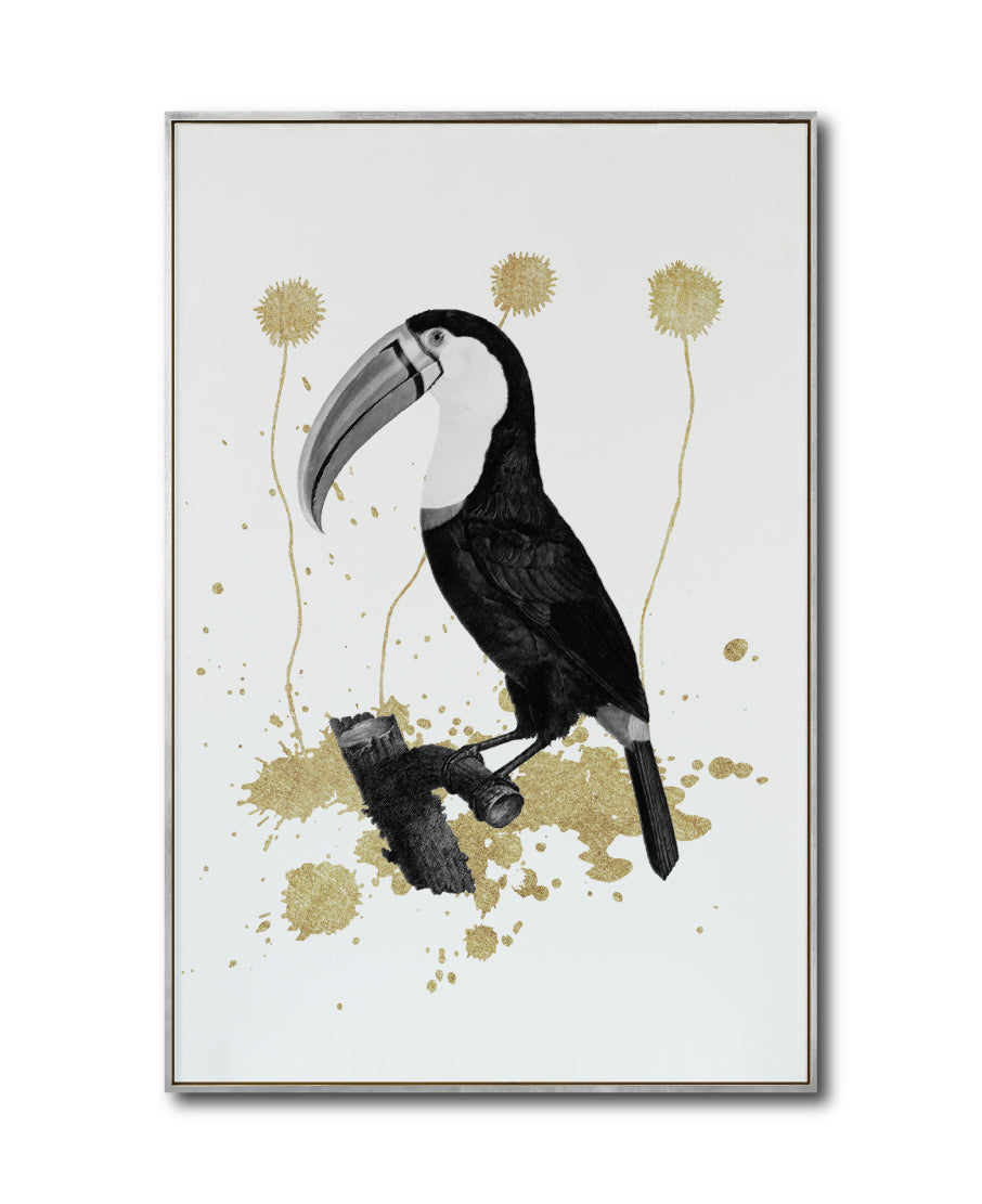 Cuadro Decorativo Abstracto Negro Arena 2-268 - Boceto de Tucan, Aves en Blanco, Negro y Dorado Oro Arte Moderno Estilo Boho