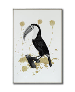 Cuadro Decorativo Abstracto Negro Arena 2-268 - Boceto de Tucan, Aves en Blanco, Negro y Dorado Oro Arte Moderno Estilo Boho