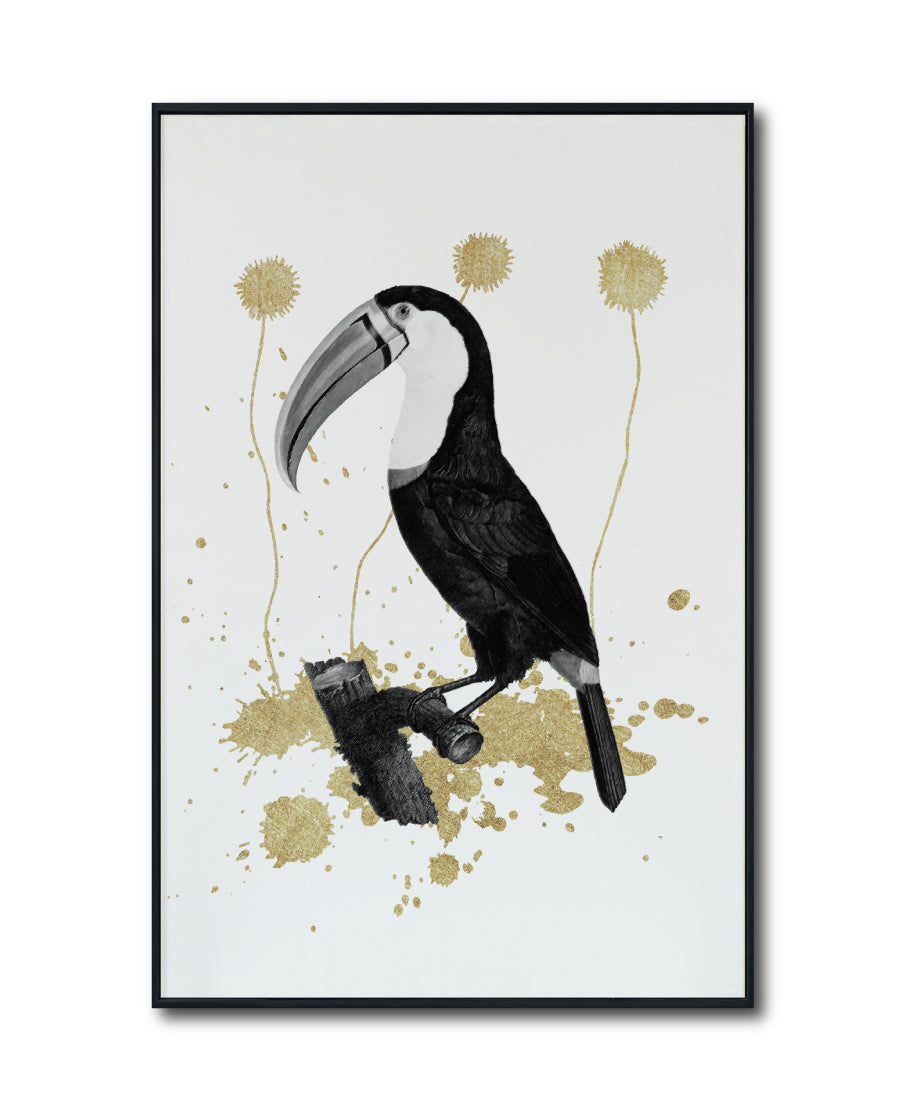Cuadro Decorativo Abstracto Negro Arena 2-268 - Boceto de Tucan, Aves en Blanco, Negro y Dorado Oro Arte Moderno Estilo Boho