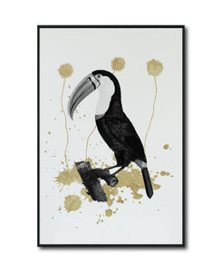 Cuadro Decorativo Abstracto Negro Arena 2-268 - Boceto de Tucan, Aves en Blanco, Negro y Dorado Oro Arte Moderno Estilo Boho