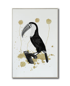 Cuadro Decorativo Abstracto Negro Arena 2-268 - Boceto de Tucan, Aves en Blanco, Negro y Dorado Oro Arte Moderno Estilo Boho