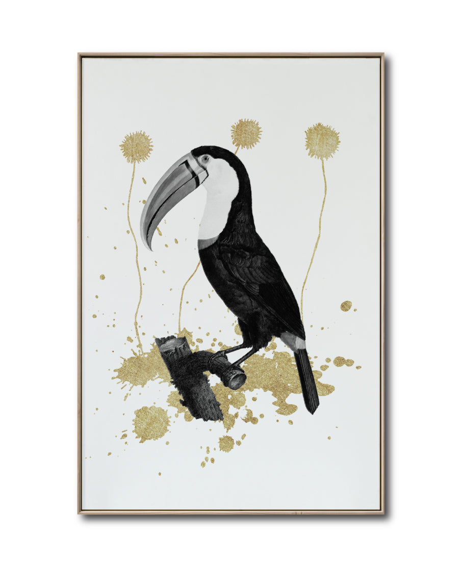 Cuadro Decorativo Abstracto Negro Arena 2-268 - Boceto de Tucan, Aves en Blanco, Negro y Dorado Oro Arte Moderno Estilo Boho