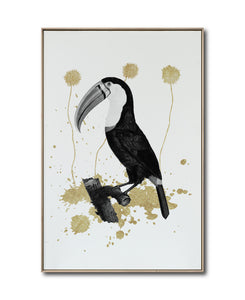 Cuadro Decorativo Abstracto Negro Arena 2-268 - Boceto de Tucan, Aves en Blanco, Negro y Dorado Oro Arte Moderno Estilo Boho
