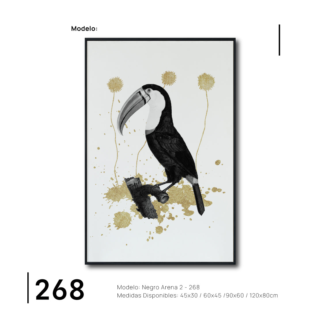 Cuadro Decorativo Abstracto Negro Arena 2-268 - Boceto de Tucan, Aves en Blanco, Negro y Dorado Oro Arte Moderno Estilo Boho