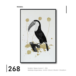 Cuadro Decorativo Abstracto Negro Arena 2-268 - Boceto de Tucan, Aves en Blanco, Negro y Dorado Oro Arte Moderno Estilo Boho