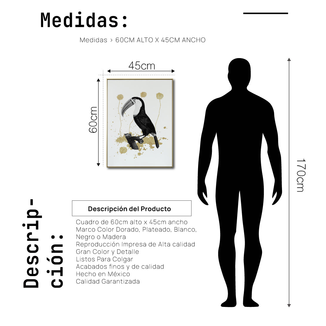 Cuadro Decorativo Abstracto Negro Arena 2-268 - Boceto de Tucan, Aves en Blanco, Negro y Dorado Oro Arte Moderno Estilo Boho