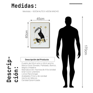 Cuadro Decorativo Abstracto Negro Arena 2-268 - Boceto de Tucan, Aves en Blanco, Negro y Dorado Oro Arte Moderno Estilo Boho
