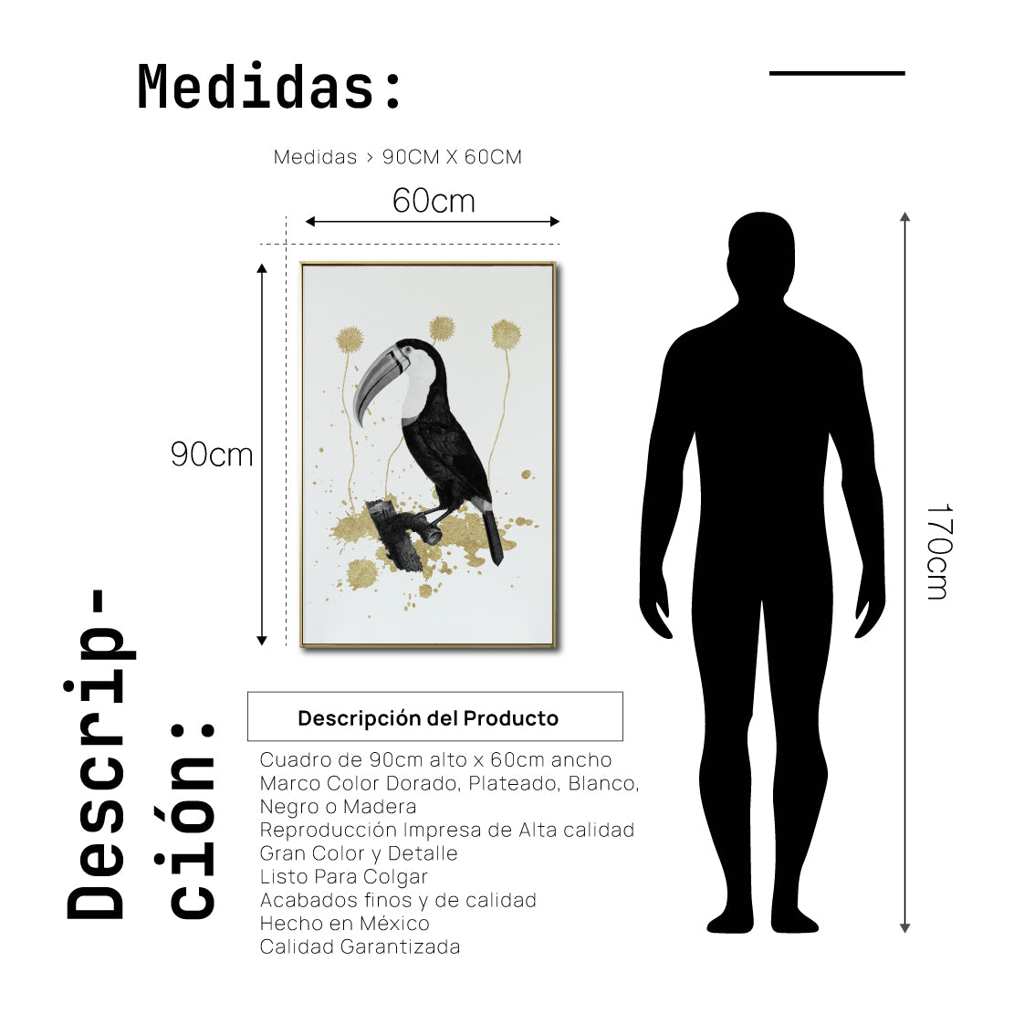 Cuadro Decorativo Abstracto Negro Arena 2-268 - Boceto de Tucan, Aves en Blanco, Negro y Dorado Oro Arte Moderno Estilo Boho