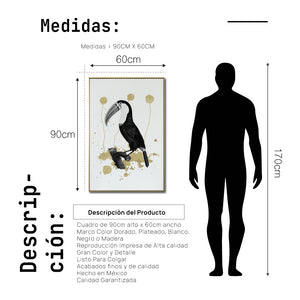 Cuadro Decorativo Abstracto Negro Arena 2-268 - Boceto de Tucan, Aves en Blanco, Negro y Dorado Oro Arte Moderno Estilo Boho