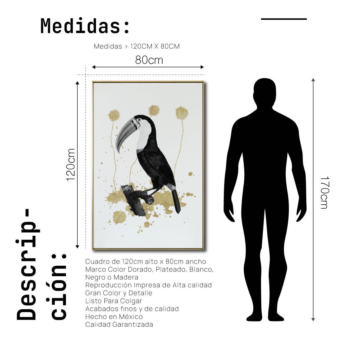 Cuadro Decorativo Abstracto Negro Arena 2-268 - Boceto de Tucan, Aves en Blanco, Negro y Dorado Oro Arte Moderno Estilo Boho