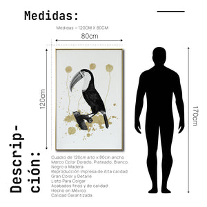 Cuadro Decorativo Abstracto Negro Arena 2-268 - Boceto de Tucan, Aves en Blanco, Negro y Dorado Oro Arte Moderno Estilo Boho