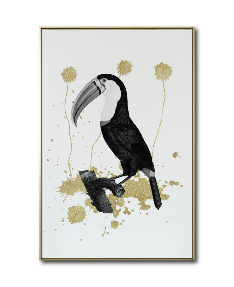 Cuadro Decorativo Abstracto Negro Arena 2-268 - Boceto de Tucan, Aves en Blanco, Negro y Dorado Oro Arte Moderno Estilo Boho