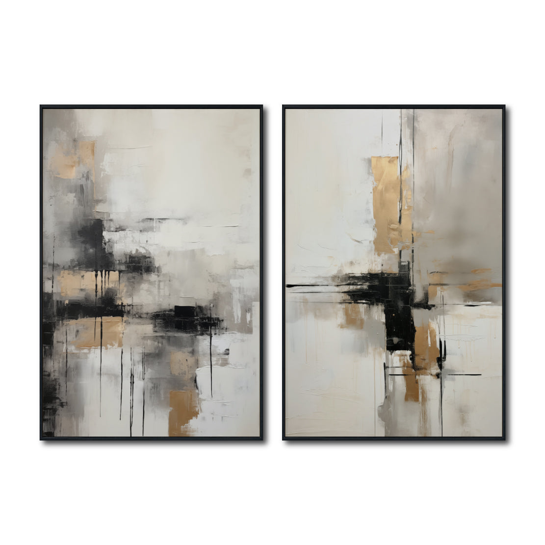 Set Cuadros Decorativos Abstracto Negro Arena 2-269 - Diptico Moderno y Elegante En Negro, Beige y Dorado Oro