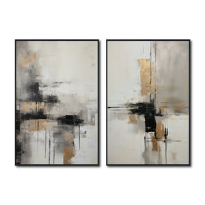 Set Cuadros Decorativos Abstracto Negro Arena 2-269 - Diptico Moderno y Elegante En Negro, Beige y Dorado Oro