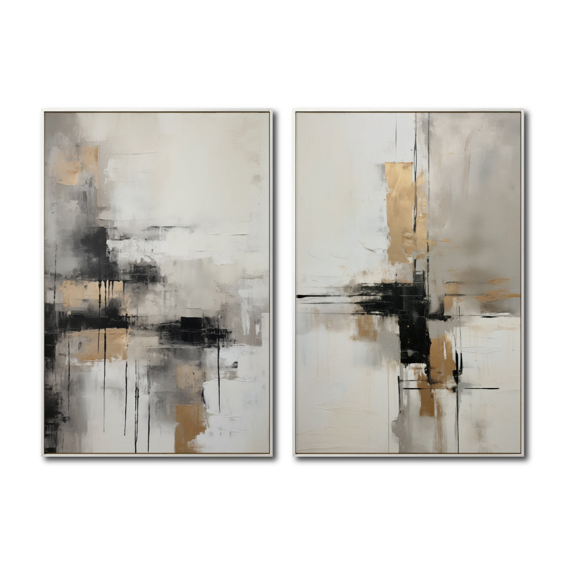 Set Cuadros Decorativos Abstracto Negro Arena 2-269 - Diptico Moderno y Elegante En Negro, Beige y Dorado Oro