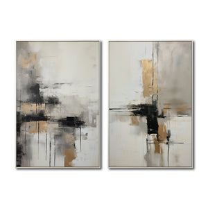 Set Cuadros Decorativos Abstracto Negro Arena 2-269 - Diptico Moderno y Elegante En Negro, Beige y Dorado Oro