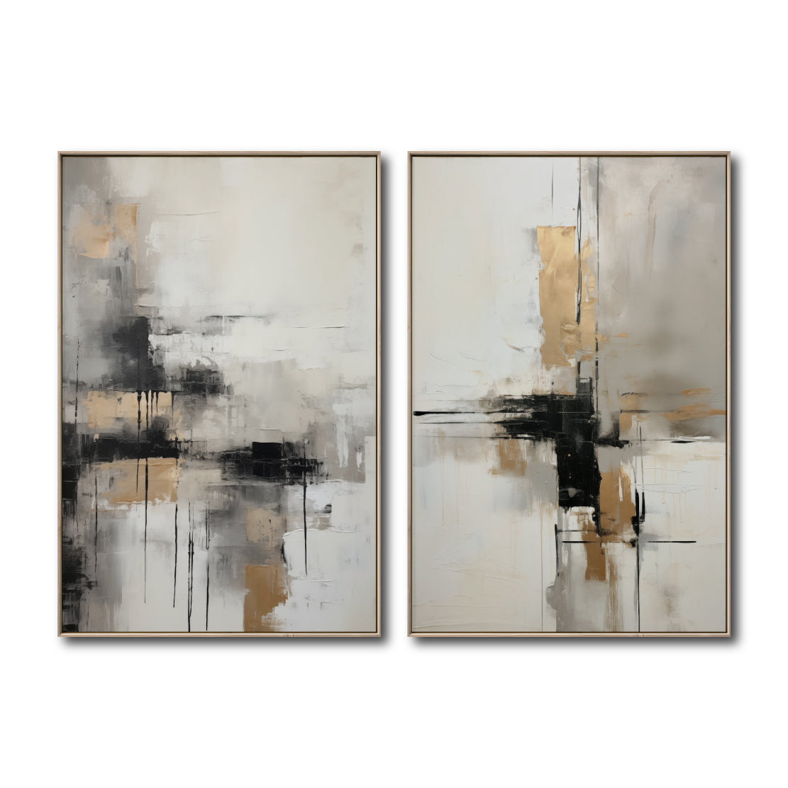 Set Cuadros Decorativos Abstracto Negro Arena 2-269 - Diptico Moderno y Elegante En Negro, Beige y Dorado Oro