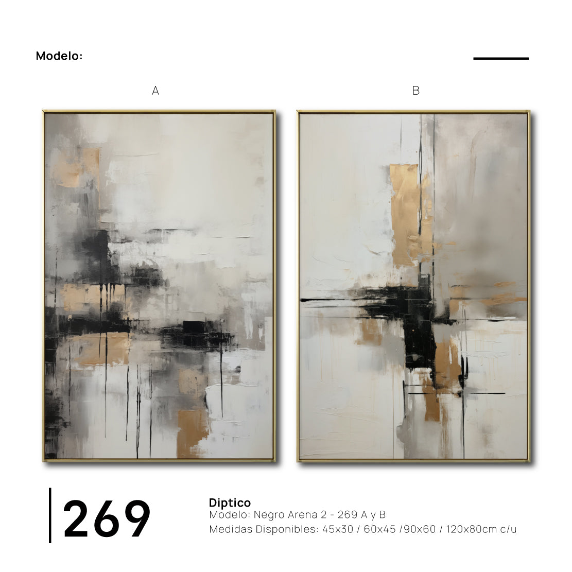 Set Cuadros Decorativos Abstracto Negro Arena 2-269 - Diptico Moderno y Elegante En Negro, Beige y Dorado Oro